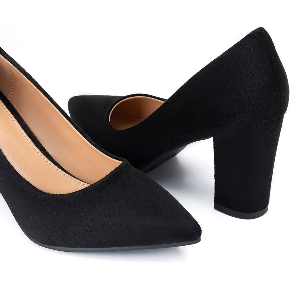 Women's Black Suede High Chunky Block Slip On Closed Pointed Toe Pumps Heels - Picture 3 of 5